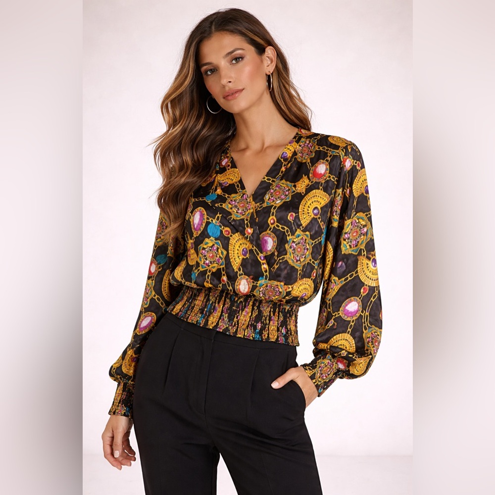Vintage 100% Silk Jewel Chain Print Blouse – Made in Korea – Size 8